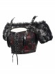 The Red Scottish Plaid Off-Shoulder Bright Leather Straps Lace-Up Black Lace Punk T-Shirt