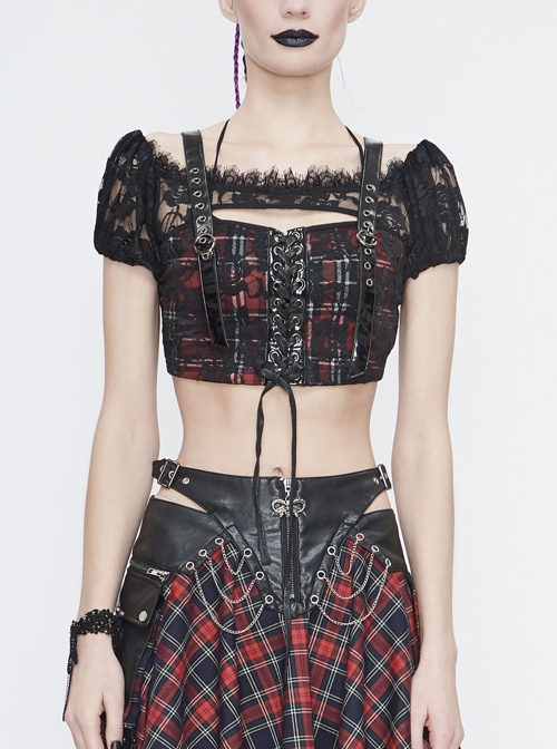 The Red Scottish Plaid Off-Shoulder Bright Leather Straps Lace-Up Black Lace Punk T-Shirt