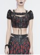 The Red Scottish Plaid Off-Shoulder Bright Leather Straps Lace-Up Black Lace Punk T-Shirt