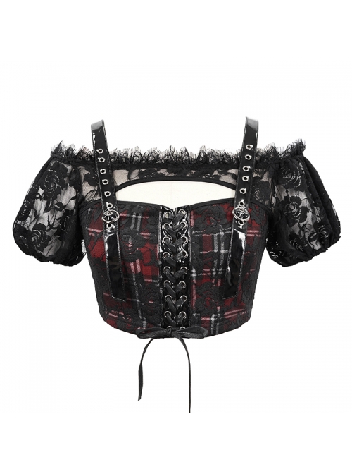 The Red Scottish Plaid Off-Shoulder Bright Leather Straps Lace-Up Black Lace Punk T-Shirt