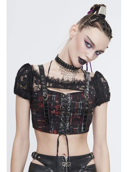 The Red Scottish Plaid Off-Shoulder Bright Leather Straps Lace-Up Black Lace Punk T-Shirt