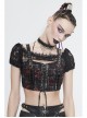 The Red Scottish Plaid Off-Shoulder Bright Leather Straps Lace-Up Black Lace Punk T-Shirt