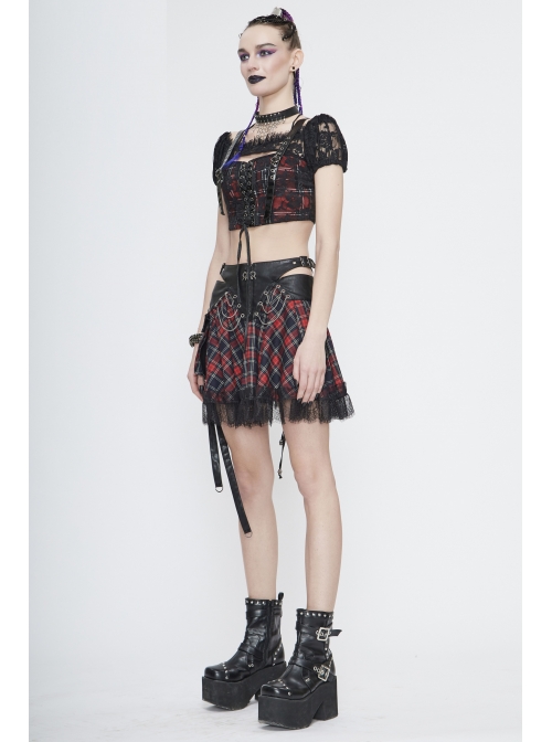 The Red Scottish Plaid Off-Shoulder Bright Leather Straps Lace-Up Black Lace Punk T-Shirt