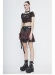 The Red Scottish Plaid Off-Shoulder Bright Leather Straps Lace-Up Black Lace Punk T-Shirt
