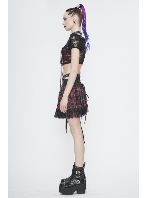 The Red Scottish Plaid Off-Shoulder Bright Leather Straps Lace-Up Black Lace Punk T-Shirt