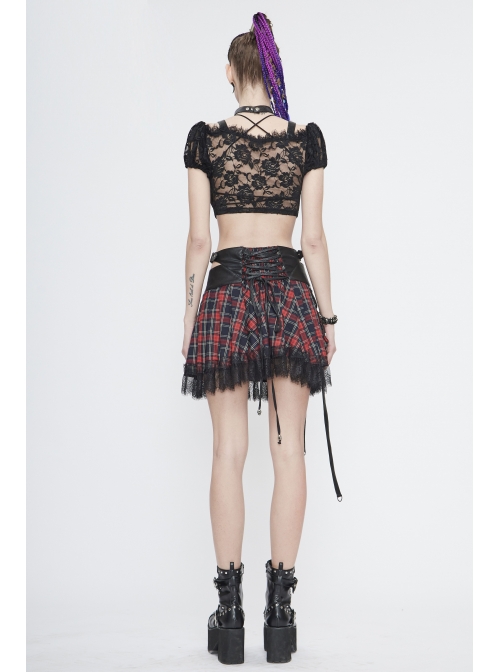 The Red Scottish Plaid Off-Shoulder Bright Leather Straps Lace-Up Black Lace Punk T-Shirt