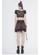 The Red Scottish Plaid Off-Shoulder Bright Leather Straps Lace-Up Black Lace Punk T-Shirt