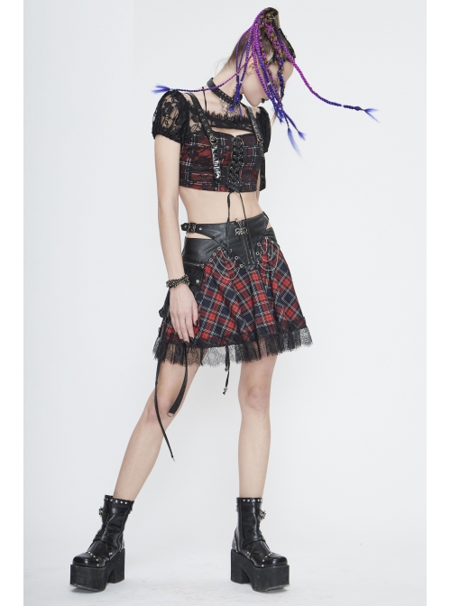 The Red Scottish Plaid Off-Shoulder Bright Leather Straps Lace-Up Black Lace Punk T-Shirt