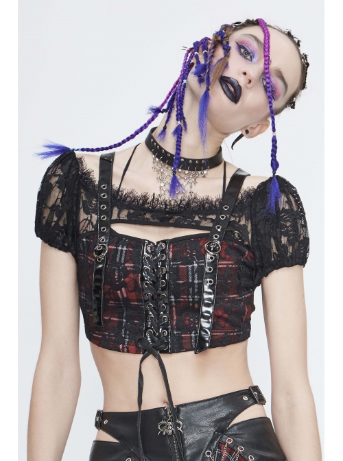 The Red Scottish Plaid Off-Shoulder Bright Leather Straps Lace-Up Black Lace Punk T-Shirt
