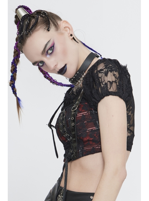 The Red Scottish Plaid Off-Shoulder Bright Leather Straps Lace-Up Black Lace Punk T-Shirt