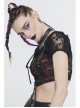 The Red Scottish Plaid Off-Shoulder Bright Leather Straps Lace-Up Black Lace Punk T-Shirt
