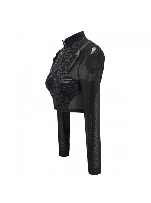 High Collar Chest Thick Rubber Print Splice Mesh Luggage Buckles Short Punk T-Shirt