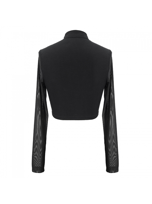 High Collar Chest Thick Rubber Print Splice Mesh Luggage Buckles Short Punk T-Shirt