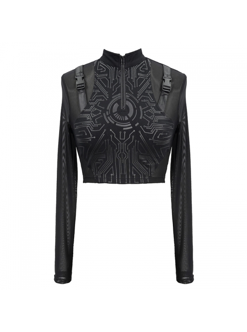 High Collar Chest Thick Rubber Print Splice Mesh Luggage Buckles Short Punk T-Shirt