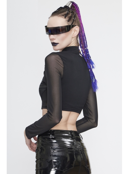 High Collar Chest Thick Rubber Print Splice Mesh Luggage Buckles Short Punk T-Shirt