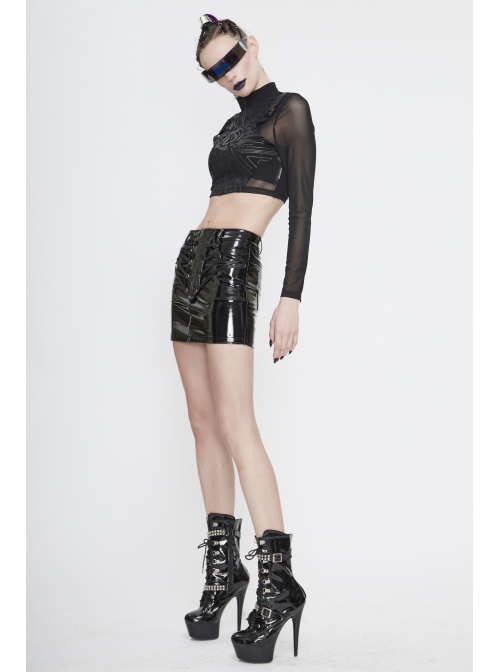 High Collar Chest Thick Rubber Print Splice Mesh Luggage Buckles Short Punk T-Shirt