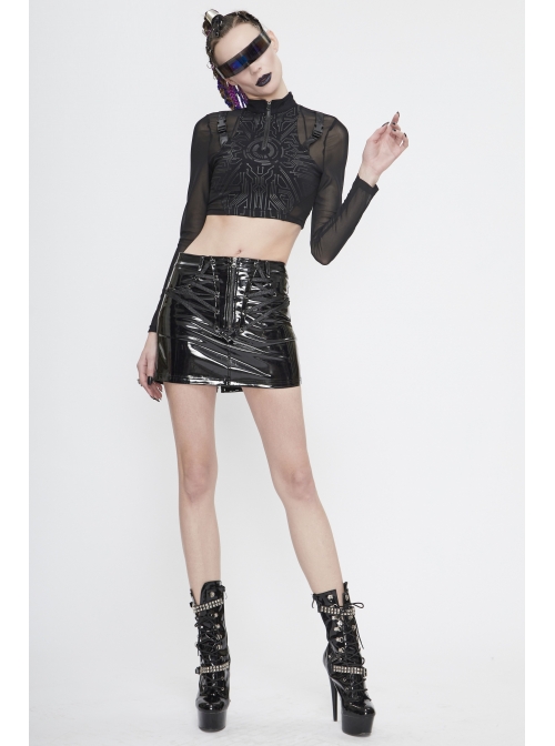 High Collar Chest Thick Rubber Print Splice Mesh Luggage Buckles Short Punk T-Shirt