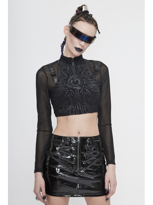 High Collar Chest Thick Rubber Print Splice Mesh Luggage Buckles Short Punk T-Shirt