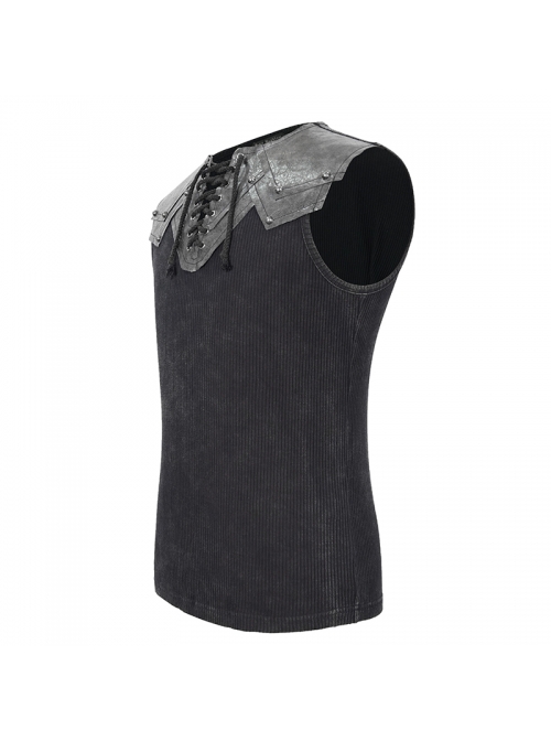 Black Striped Knitting Shoulder White Armor Shape Chest Lace-Up Punk Vest
