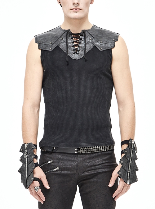 Black Striped Knitting Shoulder White Armor Shape Chest Lace-Up Punk Vest