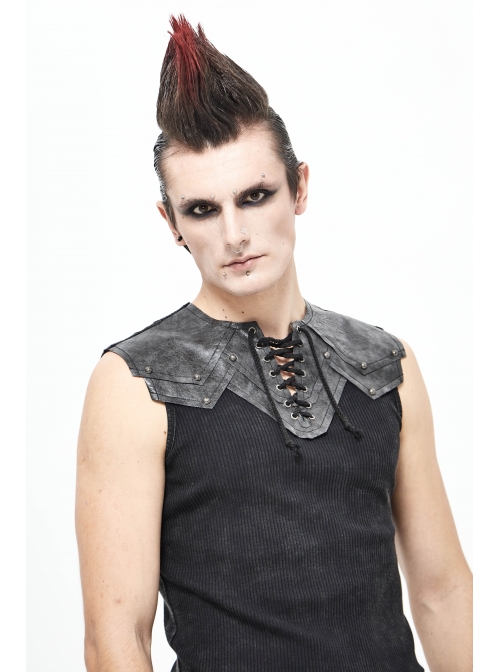 Black Striped Knitting Shoulder White Armor Shape Chest Lace-Up Punk Vest