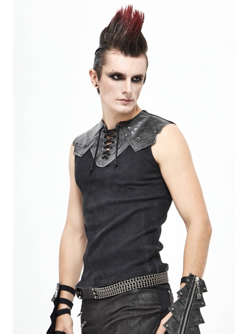 Black Striped Knitting Shoulder White Armor Shape Chest Lace-Up Punk Vest