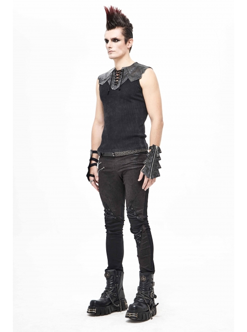 Black Striped Knitting Shoulder White Armor Shape Chest Lace-Up Punk Vest