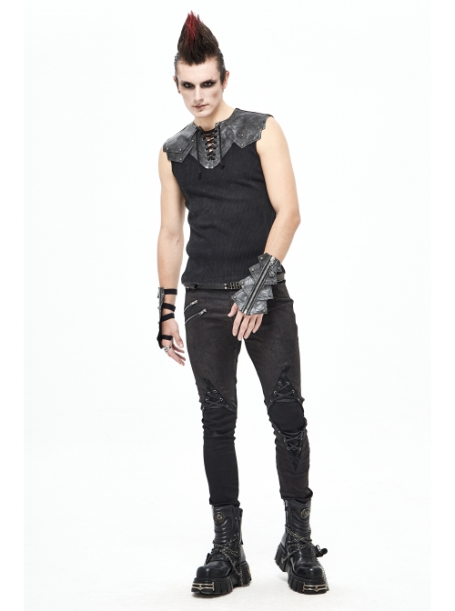 Black Striped Knitting Shoulder White Armor Shape Chest Lace-Up Punk Vest