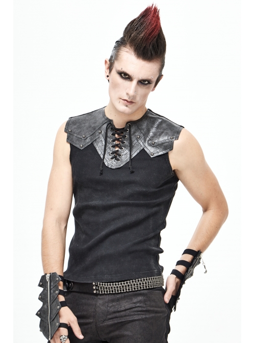 Black Striped Knitting Shoulder White Armor Shape Chest Lace-Up Punk Vest