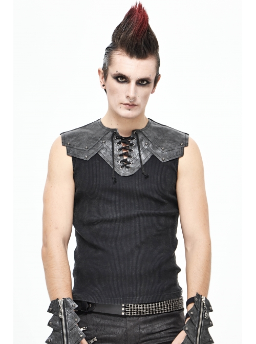 Black Striped Knitting Shoulder White Armor Shape Chest Lace-Up Punk Vest
