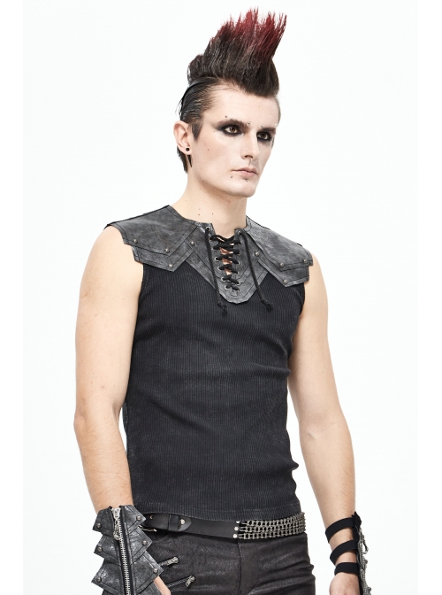 Black Striped Knitting Shoulder White Armor Shape Chest Lace-Up Punk Vest