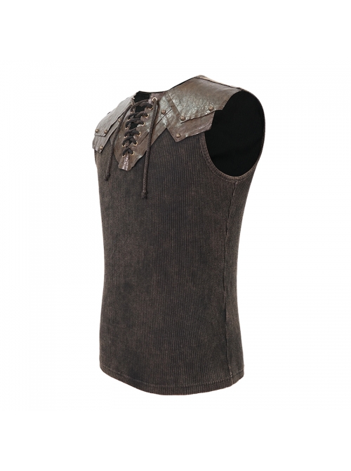 Black Striped Knitting Shoulder Yellow Armor Shape Chest Lace-Up Punk Vest