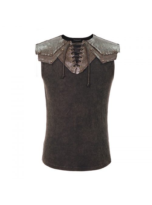 Black Striped Knitting Shoulder Yellow Armor Shape Chest Lace-Up Punk Vest