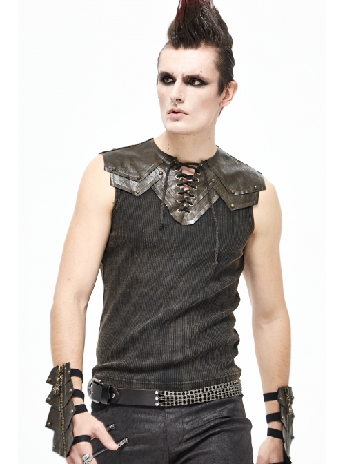 Black Striped Knitting Shoulder Yellow Armor Shape Chest Lace-Up Punk Vest