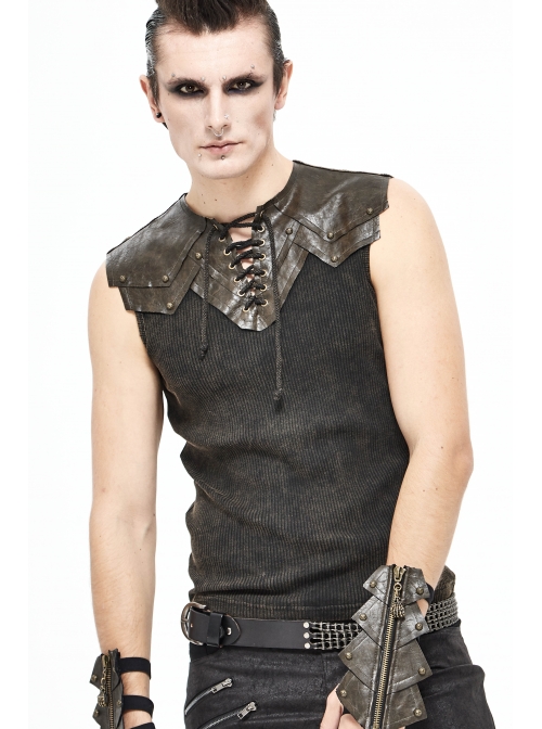 Black Striped Knitting Shoulder Yellow Armor Shape Chest Lace-Up Punk Vest