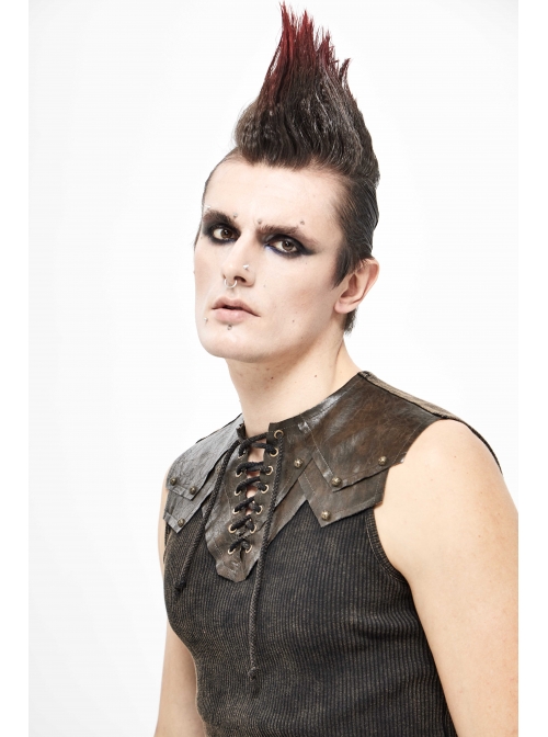 Black Striped Knitting Shoulder Yellow Armor Shape Chest Lace-Up Punk Vest