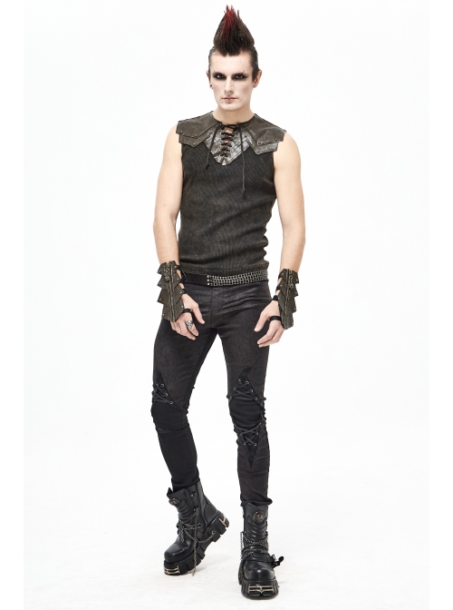Black Striped Knitting Shoulder Yellow Armor Shape Chest Lace-Up Punk Vest