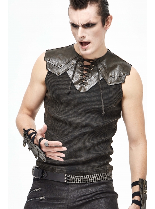 Black Striped Knitting Shoulder Yellow Armor Shape Chest Lace-Up Punk Vest