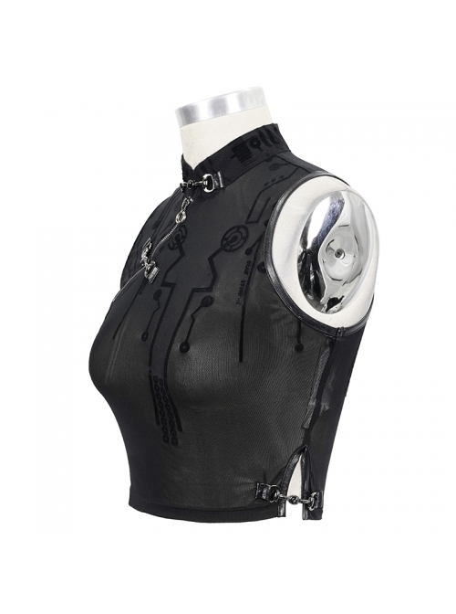 Flocked Printed Mesh Stand-Up Collar Metal Hasp Black Punk Sleeveless Vest