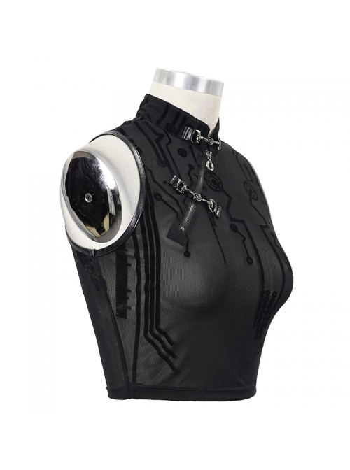 Flocked Printed Mesh Stand-Up Collar Metal Hasp Black Punk Sleeveless Vest