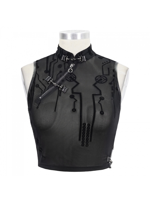 Flocked Printed Mesh Stand-Up Collar Metal Hasp Black Punk Sleeveless Vest