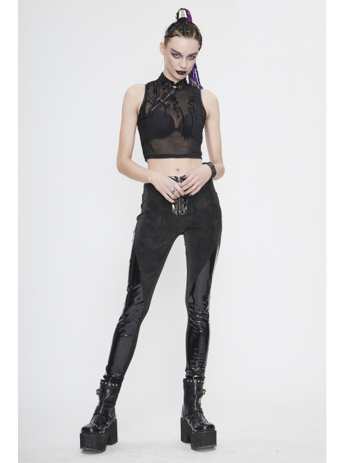 Flocked Printed Mesh Stand-Up Collar Metal Hasp Black Punk Sleeveless Vest