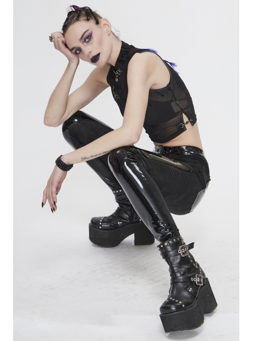 Flocked Printed Mesh Stand-Up Collar Metal Hasp Black Punk Sleeveless Vest