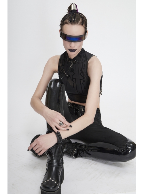Flocked Printed Mesh Stand-Up Collar Metal Hasp Black Punk Sleeveless Vest