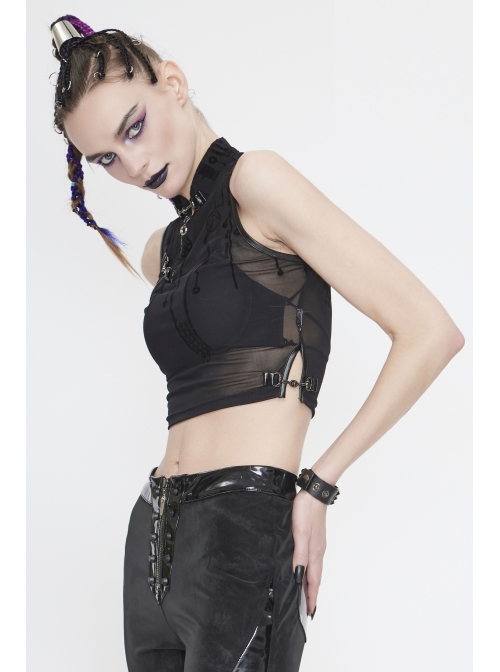 Flocked Printed Mesh Stand-Up Collar Metal Hasp Black Punk Sleeveless Vest
