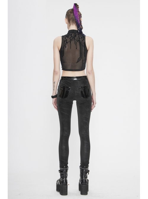 Flocked Printed Mesh Stand-Up Collar Metal Hasp Black Punk Sleeveless Vest