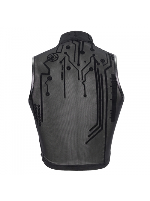Flocked Printed Mesh Stand-Up Collar Metal Hasp Black Punk Sleeveless Vest
