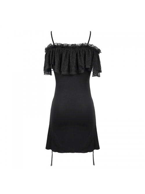 Black Off-Shoulder Chest Lace Frilly Side Lace-Up Punk T-Shirt