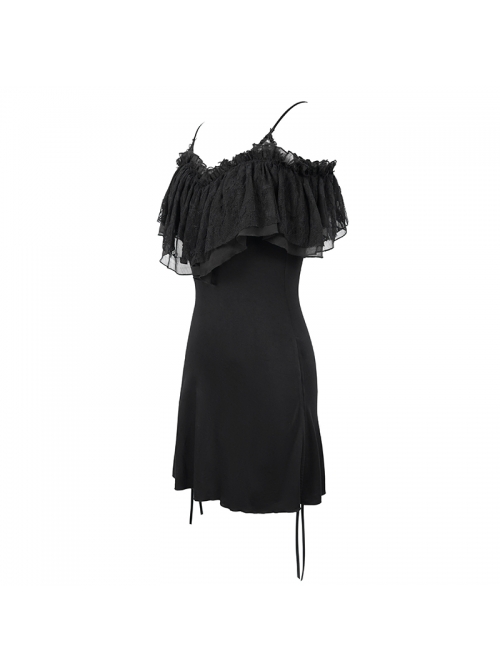 Black Off-Shoulder Chest Lace Frilly Side Lace-Up Punk T-Shirt