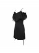 Black Off-Shoulder Chest Lace Frilly Side Lace-Up Punk T-Shirt